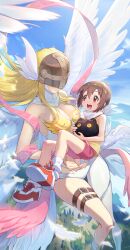 Rule 34 | 2girls, :d, angel, angel wings, angewomon, asymmetrical clothes, bare shoulders, belt, blonde hair, blue sky, blush, boots, botamon, breasts, brown eyes, brown hair, cleavage, cloud, commentary, covered collarbone, covered eyes, creature, day, digimoji, digimon, digimon (creature), digimon adventure, elbow gloves, feathered wings, feathers, floating hair, flying, full body, glint, gloves, hagoromo, hair between eyes, helmet, highres, holding, holding creature, iyakage, knee boots, large breasts, long hair, looking at another, loose socks, multiple girls, multiple wings, open mouth, outdoors, pink shorts, red footwear, scarf, shawl, shirt, shoes, short hair, shorts, sidelocks, single elbow glove, skindentation, sky, sleeveless, sleeveless shirt, smile, sneakers, socks, teeth, thigh gap, thigh strap, whistle, whistle around neck, white footwear, white scarf, white socks, winged helmet, wings, wrist wings, yagami hikari, yellow shirt, zipper