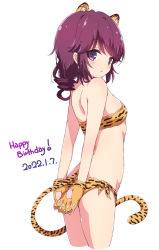 Rule 34 | 1girl, animal ears, animal hands, animal print, ass, bikini, breasts, commentary request, dated, female focus, from behind, gloves, happy birthday, highres, looking at viewer, machikado mazoku, mel (melty pot), paw gloves, print bikini, purple eyes, purple hair, simple background, small breasts, solo, swimsuit, tail, tiger ears, tiger print, tiger tail, white background, yellow bikini, yellow gloves, yoshida ryouko