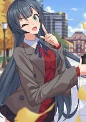 Rule 34 | 1girl, absurdres, agano (kancolle), autumn leaves, black hair, blazer, blue sky, building, cloud, day, ginkgo leaf, green eyes, grey jacket, highres, jacket, kantai collection, kikuchi-shoogo, leaf, long hair, looking at viewer, one eye closed, outdoors, red shirt, shirt, sky, smile, solo