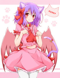 Rule 34 | 1girl, animal ears, bat wings, bell, blush, bow, cat ears, cat girl, cat tail, clenched hands, female focus, hair bow, highres, karamoneeze, kemonomimi mode, looking at viewer, navel, pink eyes, purple hair, red eyes, remilia scarlet, shirt, skirt, skirt set, smile, solo, speech bubble, tail, tail bell, tail ornament, thighhighs, touhou, white thighhighs, wings