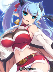 Rule 34 | 10s, 1girl, bahamut (game), bare shoulders, bat wings, bell, belt, blue eyes, blue hair, breasts, christmas, cleavage, demon girl, horns, impossible clothes, impossible shirt, large breasts, matching hair/eyes, mel/a, microskirt, midriff, miniskirt, navel, panties, pantyshot, pointy ears, santa-succubus, santa-succubus (bahamut), shingeki no bahamut, shirt, skirt, slit pupils, solo, standing, striped clothes, striped panties, succubus (shingeki no bahamut), taut clothes, taut shirt, underwear, upskirt, watermark, wings