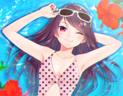 Rule 34 | 1girl, ;), armpits, breasts, casual one-piece swimsuit, cleavage, collarbone, earrings, flower, from above, hibiscus, highres, hijiki (hijikini), jewelry, long hair, looking at viewer, one-piece swimsuit, one eye closed, original, pink one-piece swimsuit, polka dot, polka dot swimsuit, purple hair, red eyes, red flower, small breasts, smile, solo, swept bangs, swimsuit, upper body, very long hair, virtual youtuber