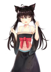 Rule 34 | 1girl, ;d, absurdres, ahoge, animal ears, bantian yindang, bare shoulders, black dress, black hair, blush, bow, collarbone, commentary request, dress, fang, hair between eyes, head tilt, highres, long hair, long sleeves, low twintails, one eye closed, open mouth, original, red bow, simple background, smile, solo, twintails, very long hair, white background, wide sleeves, yellow eyes
