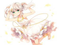 Rule 34 | 1girl, ankle lace-up, ankle ribbon, anklet, barefoot, bunching hair, cross-laced footwear, dress, frilled dress, frills, full body, green eyes, grey hair, holding, holding own hair, jewelry, leg ribbon, looking at viewer, personification, ribbon, shinia, smile, solo, sui kyi, white background, white dress