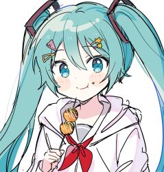 Rule 34 | 1girl, closed mouth, food, food on face, green eyes, grey hair, hair between eyes, hair ornament, hairclip, hairpin, hatsune miku, holding, holding food, hood, hood down, jacket, neck ribbon, pjmiyo, red ribbon, ribbon, solo, twintails, vocaloid, white background, white jacket