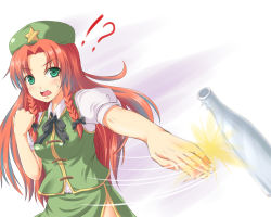 Rule 34 | !?, 1girl, alternate eye color, bad id, bad pixiv id, blush, bottle, bow, braid, chinese clothes, chop, failure, female focus, green eyes, hair bow, hat, hong meiling, long hair, mochi.f, open mouth, puffy sleeves, red hair, short sleeves, solo, star (symbol), sweatdrop, touhou, twin braids