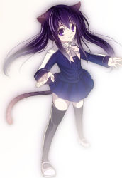 Rule 34 | 1girl, achiba, animal ears, black hair, blouse, bow, cat ears, cat tail, child, fairy tail, lens flare, long sleeves, mary janes, purple eyes, ribbon, shirt, shoes, skirt, solo, tail, thighhighs, twintails, wendy marvell, zettai ryouiki