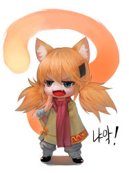 Rule 34 | 1girl, :d, animal ear fluff, animal ears, bandaged arm, bandages, blonde hair, dokomon, fang, girls&#039; frontline, grey eyes, hair between eyes, hair ornament, hand up, idw (girls&#039; frontline), korean text, long hair, low twintails, open mouth, pants, puffy pants, red scarf, scarf, shadow, short sleeves, smile, solo, standing, tail, translation request, twintails, v-shaped eyebrows, white background, white pants, wide sleeves