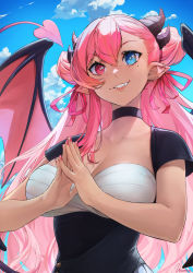 Rule 34 | 1girl, black choker, blue eyes, blue sky, breasts, choker, cleavage, commentary, commission, day, demon girl, demon tail, demon wings, double bun, ear piercing, earrings, english commentary, fang, fingernails, freckles, hair between eyes, hair bun, heterochromia, highres, horns, indie virtual youtuber, jewelry, large breasts, long hair, looking at viewer, mumo (vtuber), nail polish, outdoors, own hands together, piercing, pink eyes, pink hair, pink nails, pointy ears, sky, smile, solo, tail, unsomnus, upper body, virtual youtuber, wings