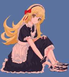 Rule 34 | 1girl, :3, absurdres, adjusting clothes, adjusting shoe, alternate costume, apron, black dress, blonde hair, blush stickers, bow, closed mouth, dress, enmaided, frilled apron, frilled dress, frilled sleeves, frills, full body, hair bow, hand on own knee, highres, huge filesize, knees up, long hair, looking at viewer, maid, maid headdress, monogatari (series), oshino shinobu, red bow, shoes, short sleeves, sneakers, solo, very long hair, white apron, wrist cuffs, yellow eyes, yu yin