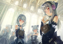 Rule 34 | 6+girls, blush, book, bow, breasts, camera, detached sleeves, digital media player, dress, elbow gloves, gloves, hair bow, headphones, hjl, ipod, multiple girls, pixiv fantasia, pixiv fantasia 5, red eyes, school uniform, silver hair, smile, strapless, strapless dress, twintails