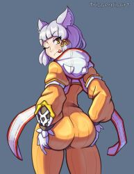 Rule 34 | 1girl, animal ear fluff, animal ears, animal hood, ass, ass grab, cat ears, cat girl, cat hood, grabbing own ass, grey background, highres, hood, hood down, huge ass, looking at viewer, nia (xenoblade), one eye closed, short hair, thighs, tongue, tongue out, triggerpigart, white hair, xenoblade chronicles (series), xenoblade chronicles 2