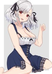 Rule 34 | 1girl, arm up, bare arms, bare shoulders, barefoot, between legs, bizen kurage, blue dress, blush, bra strap, breasts, cleavage, collarbone, commentary request, dress, eyes visible through hair, frilled skirt, frills, girls&#039; frontline, grey background, hair ribbon, hand between legs, head tilt, highres, large breasts, open mouth, parted bangs, plaid, ribbon, short hair, silver hair, simple background, sitting, skirt, sleeveless, sleeveless dress, solo, spas-12 (girls&#039; frontline), wariza
