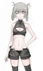 Rule 34 | 1girl, :o, bags under eyes, black panties, black shorts, blunt bangs, braid, breasts, contrapposto, cowboy shot, diva (hyxpk), grey hair, grey thighhighs, hand on own hip, highres, looking at viewer, nanakusa nazuna (yofukashi no uta), navel, open clothes, open shorts, panties, parted lips, purple eyes, ringed eyes, shaded face, shorts, simple background, small breasts, solo, standing, thighhighs, twin braids, underwear, white background, yofukashi no uta