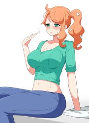 Rule 34 | 1girl, absurdres, aikome (haikome), aqua eyes, aqua shirt, blue pants, blush, breasts, cleavage, collarbone, commentary, creatures (company), cropped shirt, denim, fanning self, game freak, hair ornament, half-closed eyes, heart, heart hair ornament, highres, hot, jeans, large breasts, long hair, midriff, motion lines, navel, nintendo, open mouth, orange hair, pants, parted bangs, pokemon, pokemon swsh, ribbed shirt, shirt, short sleeves, side ponytail, simple background, sitting, solo, sonia (pokemon), sweat, sweatdrop, tareme, white background