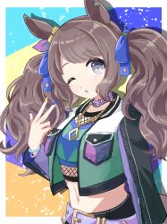 Rule 34 | 1girl, :o, animal ears, belt, bracelet, breasts, brown hair, character name, clothes writing, collar, crop top, cropped jacket, fishnet top, fishnets, grey eyes, hand up, highres, horse ears, jewelry, long hair, long sleeves, looking at viewer, midriff, multicolored nails, nail polish, navel, necklace, open mouth, pocket, sangria (sangria69), small breasts, solo, tosen jordan (umamusume), umamusume, upper body, w