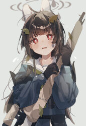 Rule 34 | 1girl, absurdres, animal ears, black gloves, black hair, blue archive, blue shirt, blush, bright pupils, commentary request, fake animal ears, flying sweatdrops, frown, gloves, grey background, grey halo, halo, higa (gominami), highres, long hair, long sleeves, looking at viewer, miyu (blue archive), open mouth, puffy long sleeves, puffy sleeves, rabbit ears, red eyes, sailor collar, shirt, simple background, solo, tearing up, upper body, white pupils, white sailor collar