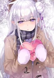 Rule 34 | 1girl, absurdres, alternate costume, artist name, blunt bangs, blush, box, braid, coat, crown braid, elf, emilia (re:zero), flower, french braid, gift, gift box, hair flower, hair ornament, hair ribbon, hairclip, hands up, heart, heart-shaped box, highres, holding, holding box, holding gift, incoming gift, kanniiepan, long hair, long sleeves, looking at viewer, mittens, open mouth, parted lips, pointy ears, purple eyes, purple ribbon, purple scarf, re:zero kara hajimeru isekai seikatsu, ribbon, scarf, silver hair, solo, upper body, valentine, white flower, x hair ornament