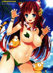 Rule 34 | 1girl, absurdres, animal ears, bare shoulders, blue eyes, blue sky, bracelet, breasts, claw pose, cleavage, flower, flower necklace, hair flower, hair ornament, highres, jewelry, large breasts, leaf bikini, lens flare, long hair, navel, necklace, original, pasties, red hair, scan, sky, smile, solo, sunlight, tail, tiger, tiger ears, tiger tail, yuuki hagure