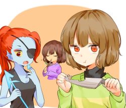Rule 34 | androgynous, bad id, bad twitter id, blue skin, brown hair, chara (undertale), colored sclera, colored skin, eating, eyepatch, fins, frisk (undertale), gender request, head fins, knife, looking at viewer, misha (hoongju), polearm, red eyes, shirt, spear, spoilers, stick, striped clothes, striped shirt, tank top, undertale, undyne, weapon, yellow sclera