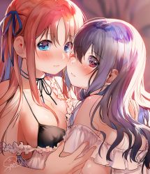 Rule 34 | 2girls, absurdres, bikini, black bikini, blue eyes, blue ribbon, blush, breasts, breasts day, cheek-to-cheek, cleavage, dated, fingernails, from side, geshumaro, hair ribbon, heads together, highres, long hair, looking at viewer, multiple girls, neck ribbon, original, purple hair, red eyes, red hair, ribbon, signature, swimsuit