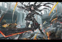 Rule 34 | 1girl, absurdres, battle, black hair, commentary, dual wielding, english commentary, executioner (girls&#039; frontline), girls&#039; frontline, highres, holding, holding sword, holding weapon, letterboxed, long hair, looking at viewer, nslacka, red eyes, reverse grip, robot, rubble, standing, sword, very long hair, weapon