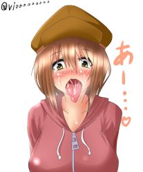 Rule 34 | 1girl, blush, breasts, brown hair, cabbie hat, full-face blush, green eyes, hat, heart, heart-shaped pupils, hood, hoodie, large breasts, okita riona, open mouth, puzzle &amp; dragons, saliva, sexually suggestive, solo, suggestive fluid, sweat, symbol-shaped pupils, tongue, tongue out, twitter username, vio (ryuutei)