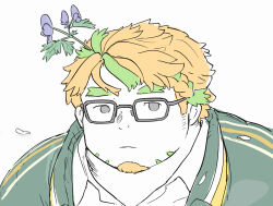 Rule 34 | 1boy, bara, empty eyes, facial hair, fat, fat man, flat color, flower, glasses, goatee, green hair, hair flower, hair ornament, hippolytus (housamo), jacket, light brown hair, looking at viewer, male focus, multicolored hair, plant on head, portrait, short hair, sideburns stubble, smile, solo, streaked hair, stubble, takasaki (takakei1), thick eyebrows, tokyo houkago summoners, track jacket, two-tone beard