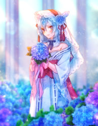 Rule 34 | 1girl, bare shoulders, blurry, blurry background, bouquet, flower, froslass, hair ornament, holding, holding flower, moe (hamhamham), outdoors, personification, pokemon, solo, standing, veil, white hair, wide sleeves