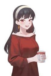 Rule 34 | 1girl, :d, bare shoulders, black hair, cup, earrings, hair down, hairband, half-closed eyes, highres, holding, holding cup, jewelry, long hair, looking at viewer, maviss 03, open mouth, red eyes, red sweater, sidelocks, simple background, smile, solo, spy x family, sweater, white background, yor briar