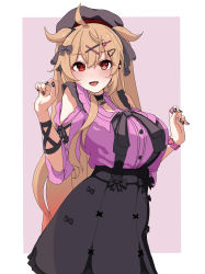 Rule 34 | 1girl, absurdres, alternate costume, beret, black hat, black nails, black skirt, breasts, brown eyes, chinese commentary, cowboy shot, hair ornament, hairclip, hat, heterochromia, highres, kantai collection, large breasts, light brown hair, long hair, looking at viewer, murasame (jhrdtc), murasame (kancolle), murasame kai ni (kancolle), nail polish, pink shirt, red eyes, shirt, skirt, smile, solo, two side up