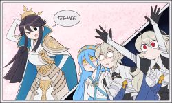 Rule 34 | &gt; o, 1boy, 3girls, :p, aunt and niece, azura (fire emblem), black eyes, black hair, blue hair, blush, corrin (female) (fire emblem), corrin (fire emblem), corrin (male) (fire emblem), corrin (male) (fire emblem), cousins, dual persona, embarrassed, fire emblem, fire emblem fates, full-face blush, grey hair, highres, komi-san wa komyushou desu, mikoto (fire emblem), mole, mole under mouth, mother and daughter, mother and son, multiple girls, nintendo, one eye closed, parody, raydango, red eyes, tongue, tongue out, yellow eyes
