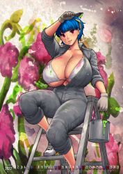 Rule 34 | 1girl, absurdres, bikini, bikini under clothes, blue hair, bodysuit, breasts, commentary, english commentary, erkaz, highres, huge breasts, jumpsuit, ladder, looking at viewer, one breast out, open bodysuit, open clothes, original, paint, paint splatter, paintbrush, painting (medium), red eyes, rina atherina, shoes, short hair, sitting, sneakers, swimsuit, traditional media, wiping forehead