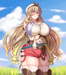 Rule 34 | 1girl, atelier (series), atelier ryza, atelier ryza 1, blonde hair, blush, breasts, cleavage, cosplay, cowboy shot, crossed arms, curvy, barghest (fate), fate/grand order, fate (series), flask, green eyes, highres, huge breasts, jewelry, long hair, looking at viewer, necklace, plump, red shorts, reisalin stout, reisalin stout (cosplay), round-bottom flask, short shorts, shorts, skindentation, sleeveless, sleeveless jacket, solo, standing, star (symbol), star necklace, tall female, thick thighs, thighs, very long hair, vial, wide hips, yakisobapan tarou &amp; negitoro-ko