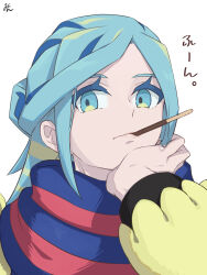 Rule 34 | 1boy, aqua eyes, aqua hair, blue scarf, closed mouth, commentary request, creatures (company), eyelashes, food, food in mouth, game freak, green eyes, green hair, grusha (pokemon), hand up, head rest, highres, jacket, long sleeves, male focus, matching hair/eyes, min (myna8247), mouth hold, nintendo, pocky, pocky day, pocky in mouth, pokemon, pokemon sv, scarf, signature, simple background, solo, striped clothes, striped scarf, white background, yellow jacket