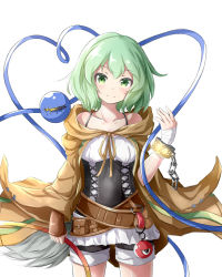 Rule 34 | 1girl, absurdres, alternate costume, bandaged hand, bandages, bare shoulders, blush, breasts, chain, cloak, closed mouth, collarbone, commentary request, corset, cowboy shot, cuffs, feng ling (fenglingwulukong), green eyes, green hair, hand up, head tilt, heart, heart of string, highres, komeiji koishi, looking at viewer, lyna (yu-gi-oh!), lyna the light charmer, medium hair, no headwear, off shoulder, redrawn, shackles, shorts, simple background, small breasts, smile, solo, standing, stitches, third eye, touhou, white background, yu-gi-oh!
