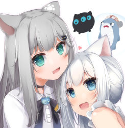 Rule 34 | 2girls, animal ears, black bow, bloop (gawr gura), blue eyes, bow, cat ears, collared shirt, commentary request, crossover, gawr gura, green eyes, grey hair, hair ornament, heart, highres, hololive, hololive english, indie virtual youtuber, long hair, looking at viewer, multiple girls, nachoneko, sch, shirt, simple background, sleeveless, sleeveless shirt, upper body, virtual youtuber, white background, white shirt