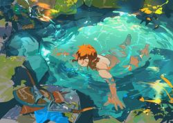 Rule 34 | 1boy, atie1225, bare legs, barefoot, bow (weapon), brown hair, commentary, earrings, closed eyes, highres, jewelry, link, male underwear, nintendo, plant, pointy ears, rock, shield, unworn shirt, solo, swimming, symbol-only commentary, the legend of zelda, the legend of zelda: breath of the wild, topless male, underwear, water, weapon