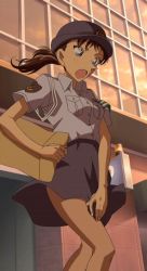Rule 34 | animated, animated gif, blue eyes, blush, breasts, brown hair, hat, legs, meitantei conan, miike naeko, open mouth, police, police hat, police uniform, policewoman, screencap, skirt, stitched, third-party edit, uniform