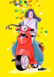 Rule 34 | 2boys, black cat, black footwear, black hair, blue eyes, cat, cha (variaireven), floating hair, highres, long hair, luo xiaohei, luo xiaohei (cat), luo xiaohei zhanji, moped, motor vehicle, multiple boys, shoes, wuxian (the legend of luoxiaohei), yellow background