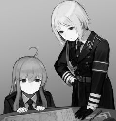 2girls :| ahoge armband belt beretta_model_38_(girls&#039;_frontline) closed_mouth collared_shirt commentary cross english_commentary expressionless flower_hairpin girls&#039;_frontline gloves greyscale hair_ornament hairpin hand_on_own_hip highres iron_cross jacket long_hair looking_down map military_jacket military_uniform monochrome mp40_(girls&#039;_frontline) multiple_girls necktie pen rampart1028 shirt short_hair simple_background