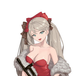 Rule 34 | 1girl, a-545 (girls&#039; frontline), assault rifle, breasts, dress, fur-trimmed jacket, fur trim, girls&#039; frontline, green eyes, gun, highres, holding, jacket, long hair, looking at viewer, lyuan545531, medium breasts, open mouth, red dress, revision, rifle, simple background, smile, solo, twintails, upper body, weapon, white background