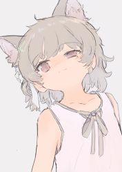 Rule 34 | 1girl, animal ear fluff, animal ears, bare shoulders, blush, brown hair, cat ears, closed mouth, collarbone, commentary request, earrings, grey background, grey ribbon, half-closed eye, hatoba tsugu, hatoba tsugu, head tilt, highres, jewelry, leaning to the side, light smile, looking at viewer, mole, mole under eye, neck ribbon, red eyes, ribbon, sha2mo, shirt, simple background, sketch, sleeveless, sleeveless shirt, solo, upper body, virtual youtuber, white shirt