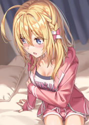 Rule 34 | 1girl, :o, bed, blonde hair, blue eyes, blush, braid, breasts, cleavage, curtains, embarrassed, hair ornament, highres, hood, hoodie, indoors, long hair, long sleeves, looking away, morigami (morigami no yashiro), on bed, original, parted lips, pink hoodie, pink shorts, shirt, short shorts, shorts, sitting, small breasts, solo, thighs, white shirt