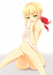 Rule 34 | 10s, 1girl, ahoge, bad id, bad pixiv id, bare shoulders, blonde hair, blush, casual one-piece swimsuit, fate/extra, fate (series), green eyes, hair ribbon, kinta (distortion), knees together feet apart, nero claudius (fate), nero claudius (fate), nero claudius (fate/extra), one-piece swimsuit, ribbon, short hair, sitting, solo, swimsuit, white one-piece swimsuit
