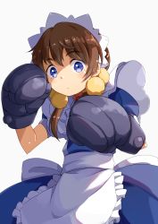 Rule 34 | 1girl, apron, arcana heart, blue eyes, boxing gloves, brown hair, fiona mayfield, gloves, grey gloves, looking at viewer, maid, maid apron, maid headdress, okosan (pixiv), short hair, short twintails, simple background, solo, standing, twintails