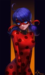 Rule 34 | 1girl, ahoge, ango, ankkoyom, artist name, bad id, bad pixiv id, blue eyes, blue hair, bodysuit, breasts, highres, ladybug (character), latex, latex suit, long hair, looking at viewer, marinette dupain-cheng, mask, matching hair/eyes, medium breasts, miraculous ladybug, parted lips, polka dot, simple background, solo, twintails