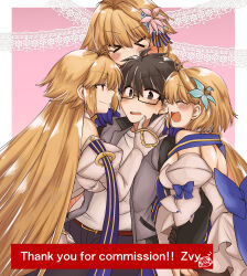 Rule 34 | 1boy, 2323astronomy, 3girls, absurdres, ahoge, antenna hair, archetype earth, arcueid brunestud, bare shoulders, black-framed eyewear, black gloves, black hair, blonde hair, blue eyes, blue gloves, blush, breasts, cleavage, closed eyes, commentary, commentary request, commission, detached collar, detached sleeves, dress, english text, fate/grand order, fate (series), flower, gakuran, glasses, gloves, hair flower, hair intakes, hair ornament, harem, highres, index finger raised, large breasts, long hair, long skirt, looking at viewer, medium breasts, multicolored clothes, multicolored skirt, multiple girls, multiple persona, night, night sky, open mouth, princess outfit, red eyes, school uniform, short hair, single hair intake, skeb commission, skirt, sky, smile, strapless, strapless dress, sweater, tohno shiki, tsukihime, tsukihime (remake), very long hair, white dress, white gloves, white sweater
