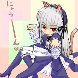 Rule 34 | 00s, animal ears, cat ears, cat tail, dress, fang, frills, hairband, ishikkoro, long hair, lowres, red eyes, rozen maiden, silver hair, solo, suigintou, tail