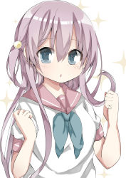 Rule 34 | 1girl, absurdres, blue eyes, blue neckerchief, blush, commentary request, hair between eyes, hair ornament, hamada pengin, hands up, highres, long hair, looking at viewer, neckerchief, one side up, original, parted lips, puffy short sleeves, puffy sleeves, purple hair, school uniform, serafuku, shirt, short sleeves, sidelocks, simple background, solo, sparkle, very long hair, white background, white shirt